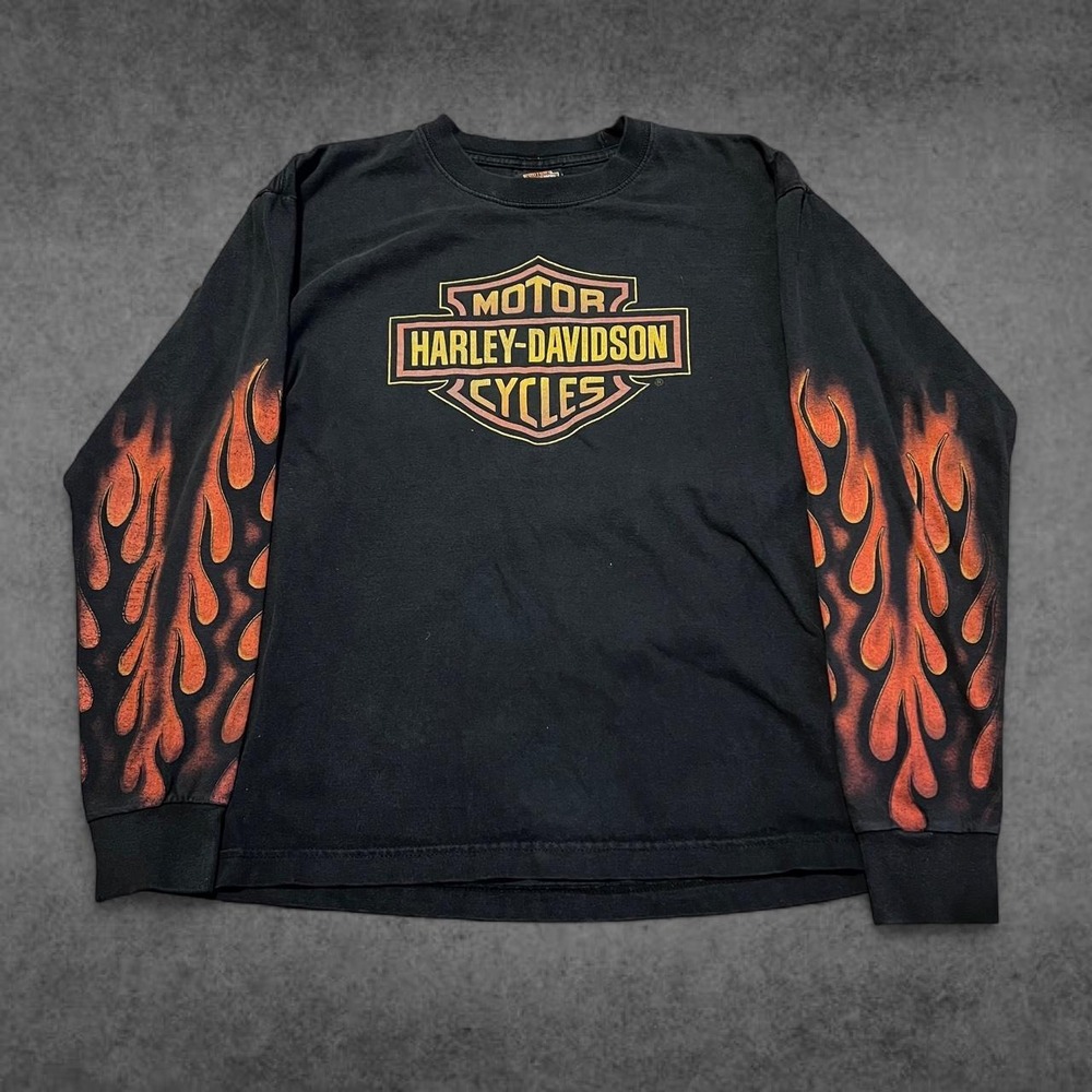 Vintage 2005 Harley Davidson Flame Sleeve Long Sleeve Shirt Tomahawk WI Mens
